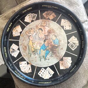 Vintage Joe Carpenter Poker Night Metal Round Serving Tray Hand Ranks - As Is